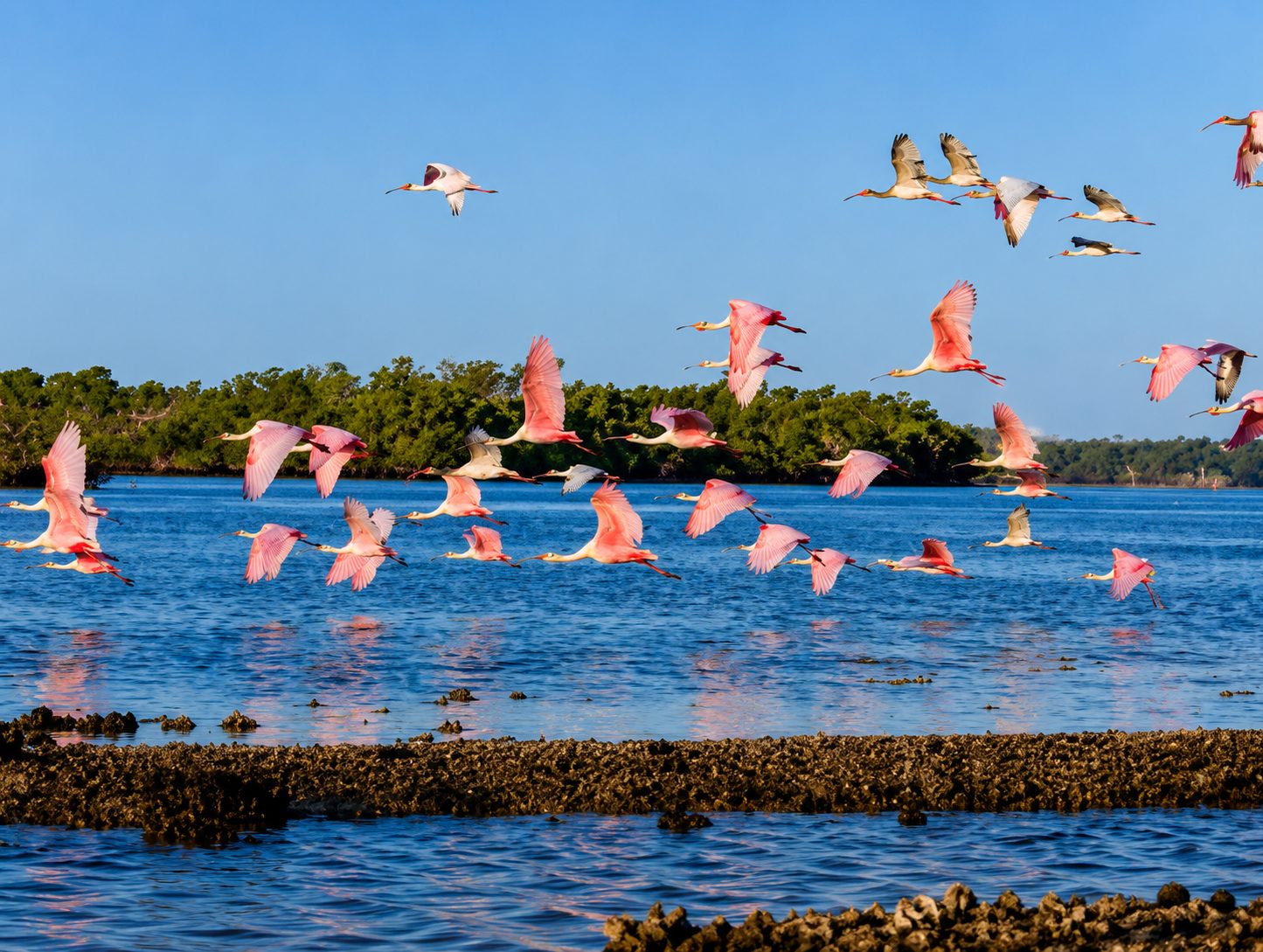 Roseate spoonbills flying over the Ten Thousand Islands in Everglades National Park